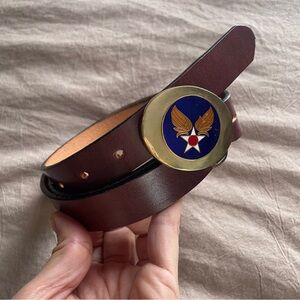 Brown Genuine Leather Made in USA Belt Gold Buckle & Blue US Air Force Emblem